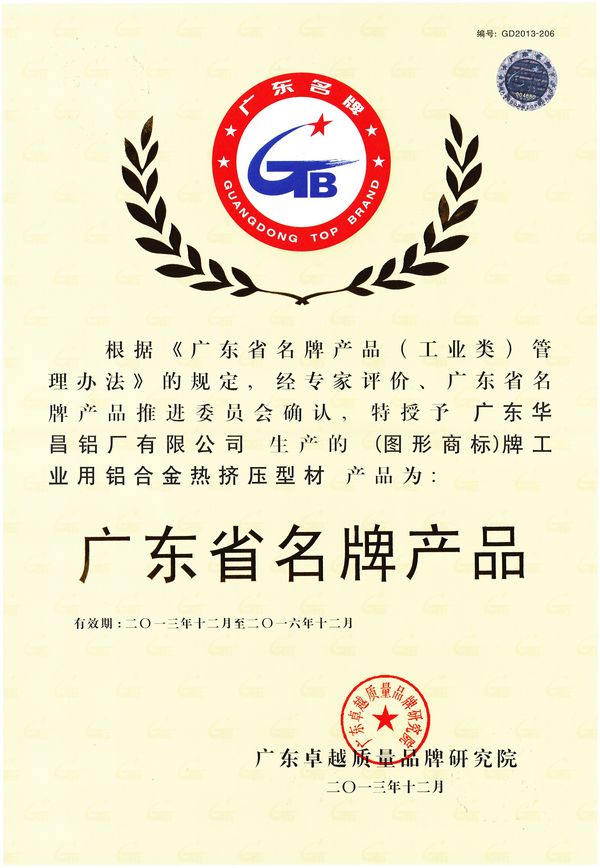 華昌鋁業喜獲廣東省名牌產品耷榮譽稱號